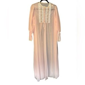 Vintage Women's Sheer Pink Long Sleeve Maxi Long Night Gown Lace Detail Size L